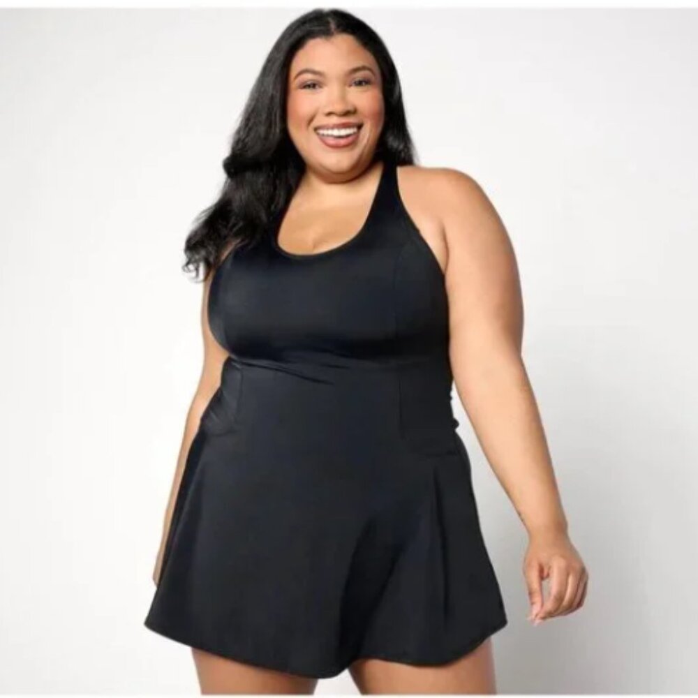 NWT Denim & Co. Beach Scoop Neck Swim Dress with Seaming Detail - Black-Plus 20